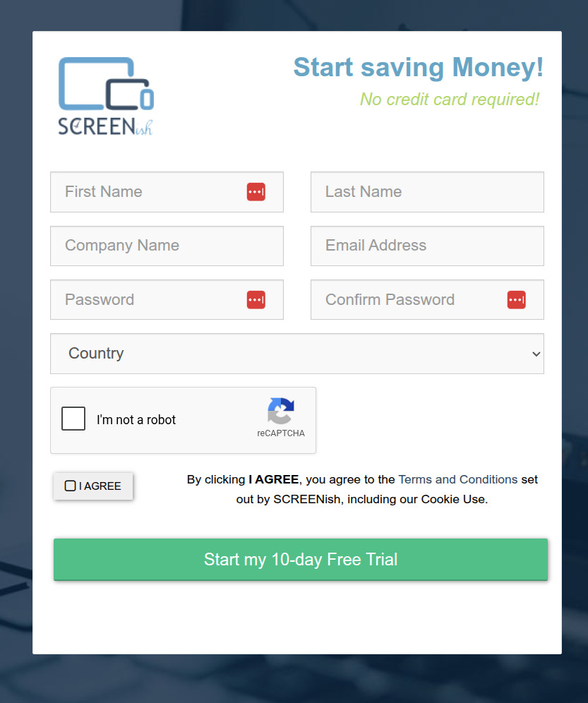 SCREENish registration form with name, company, email, password, captcha and the Start my 10-day Free Trial button
