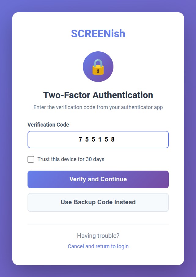 SCREENish login screen asking for the two-factor authentication code from your authenticator app, with a Trust this device for 30 days option and a Use Backup Code Instead button