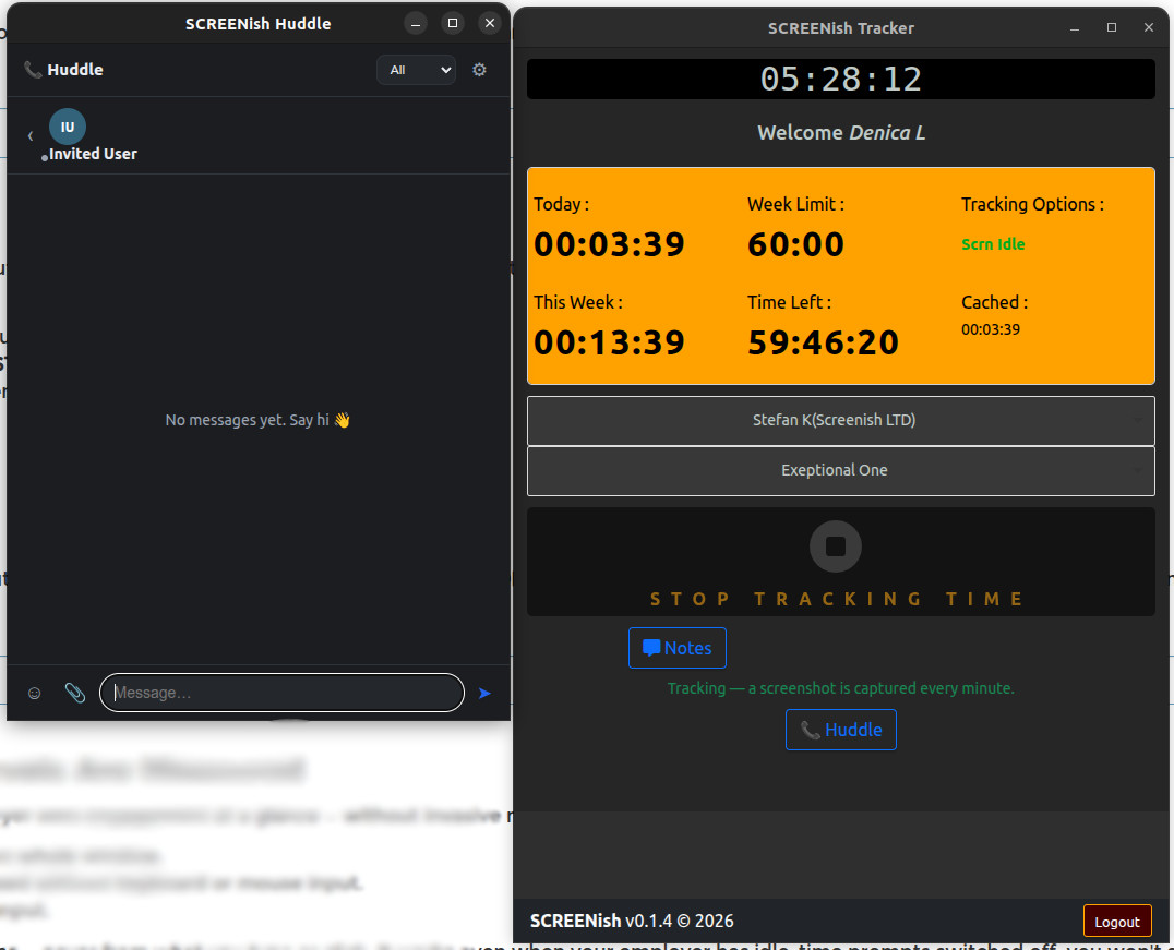 One-to-one Huddle chat in SCREENish with the message box and file attachment next to the running tracker