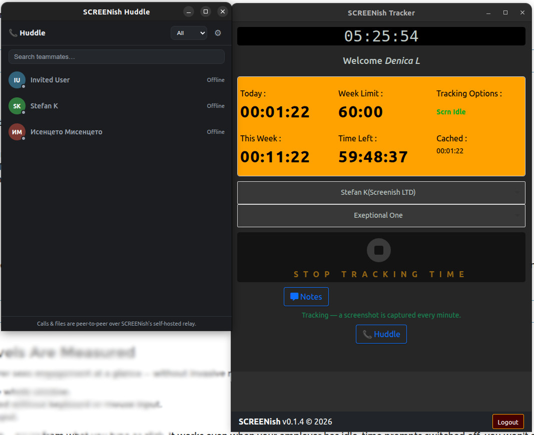 SCREENish Huddle window listing teammates with online status next to the tracker