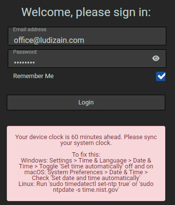 Your device clock is 60 minutes ahead - SCREENish tracker sign-in showing clock sync instructions for Windows, macOS and Linux