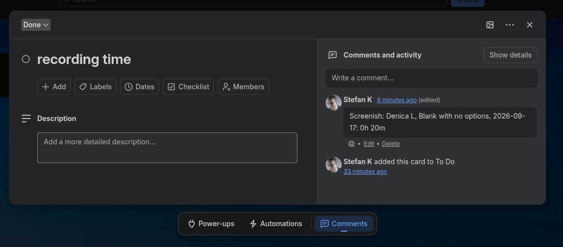 A Trello card whose comments show a line added by Screenish with a member's name, the project and the tracked time for the day