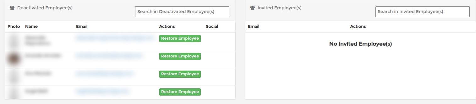 Deactivated employees list in SCREENish with the Restore Employee button for reactivating an account