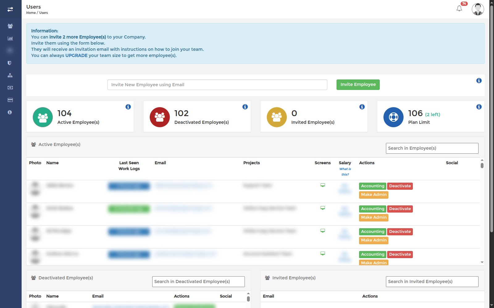 Inviting employees by email on the Users page of the SCREENish employer dashboard