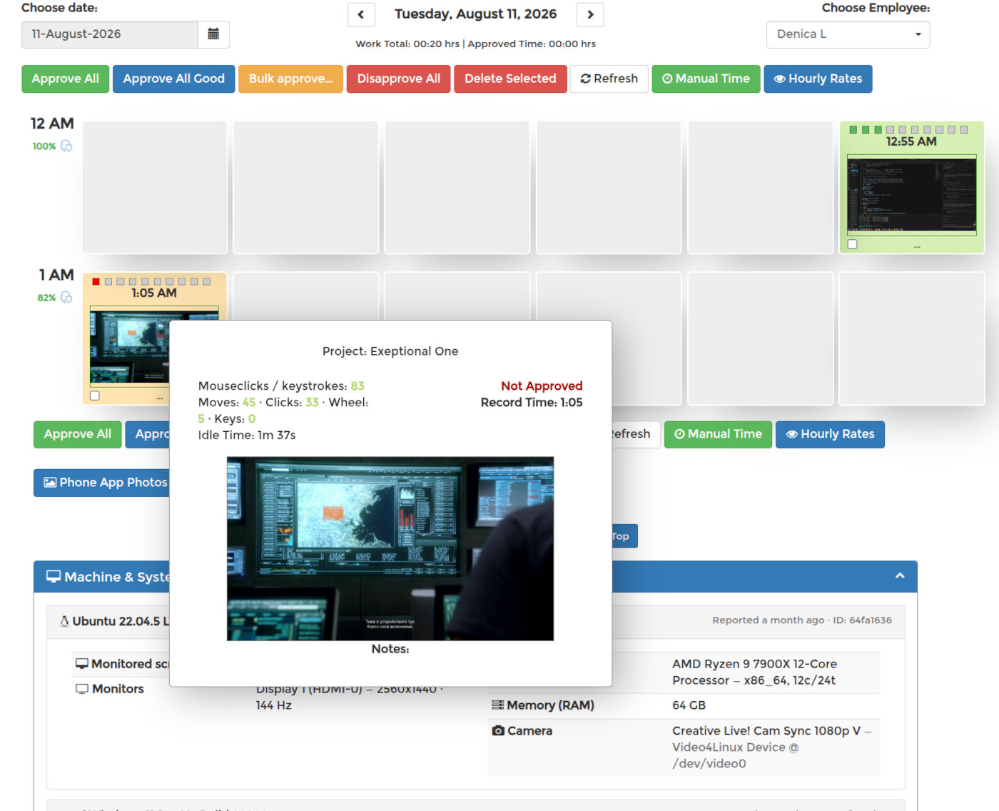 Work log in SCREENish: hourly screenshot grid with a detail popover showing the project, mouse clicks and keystrokes, idle time and approval status, plus the machine and system info panel