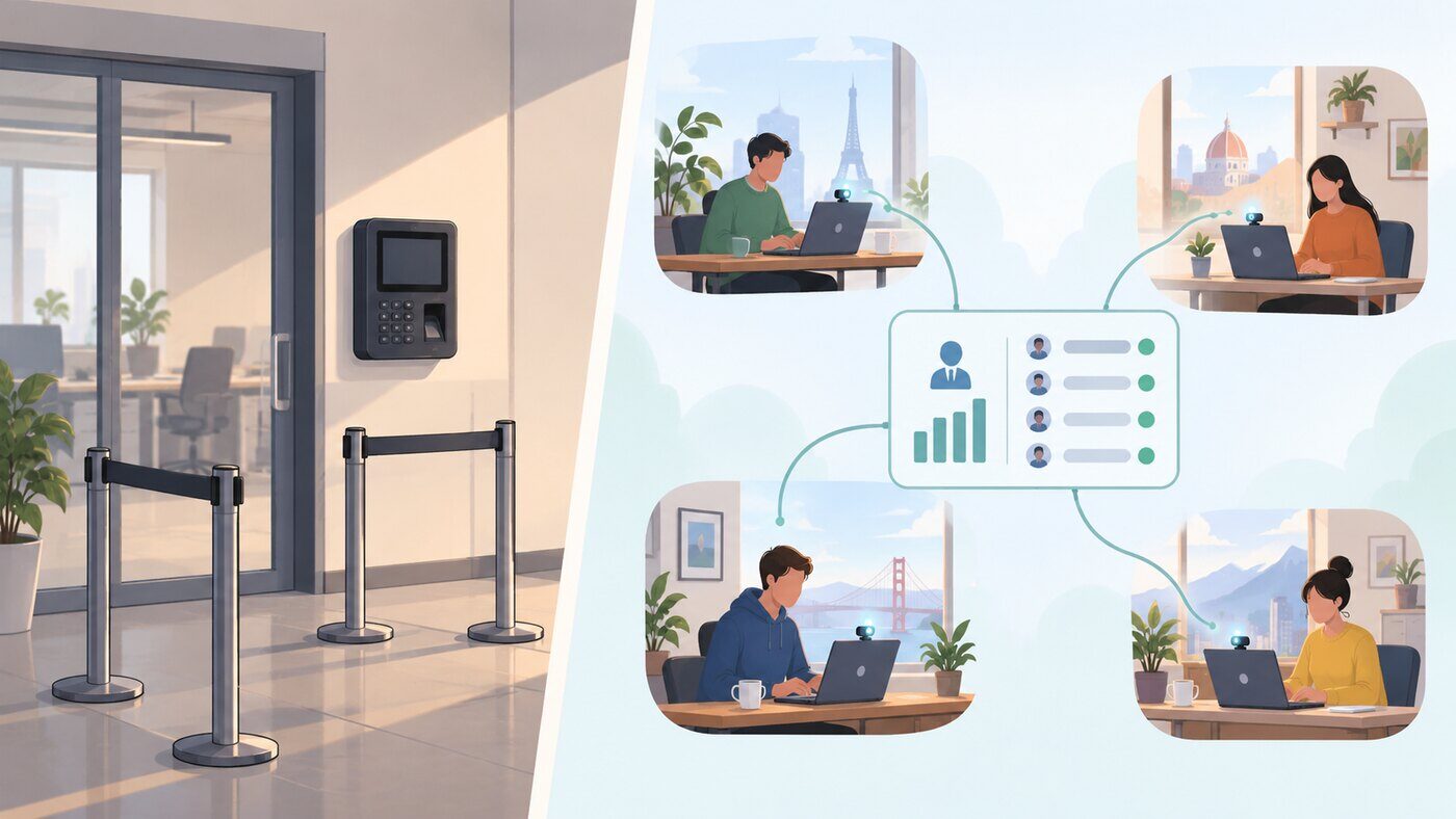 On the left, an empty office entrance with a wall-mounted clock-in terminal and queue barriers that nobody is standing at. On the right, four people working at their own desks in four different cities, each laptop with a small webcam above the screen, every desk connected by a thin line to one summary panel listing the four of them.
