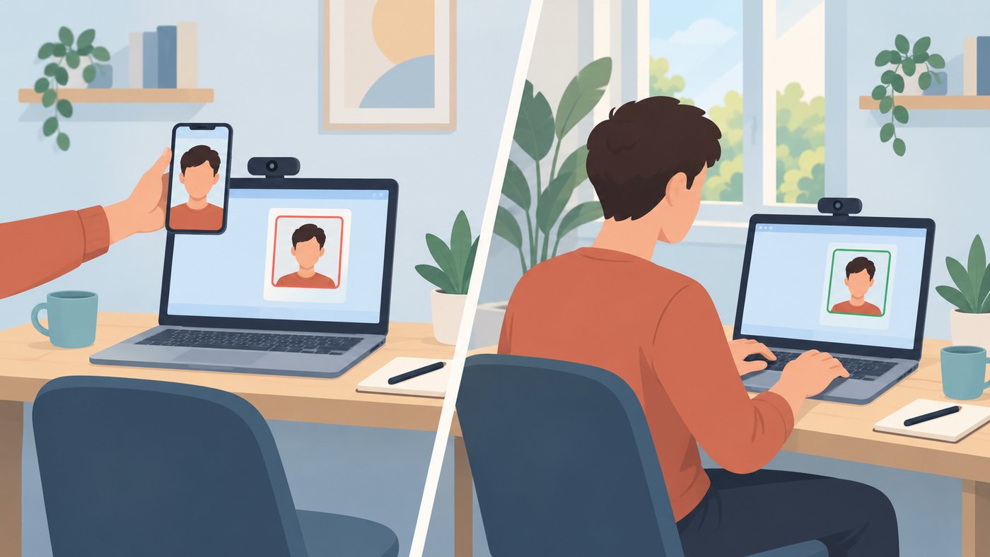 On the left, an empty desk chair and a hand holding up a smartphone with a portrait photo in front of a laptop's webcam; the verification panel on the laptop screen is outlined in red. On the right, the same desk with the real person sitting and typing, and the same panel outlined in green.