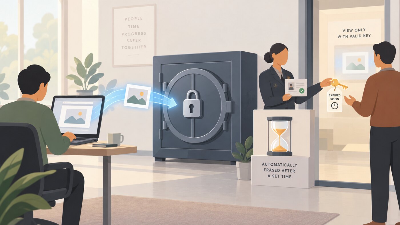 A screenshot captured on an employee's laptop travels straight into a locked vault without crossing anyone's desk. Beside it, a gatekeeper checks a permit before handing over a key tagged "expires soon", and an hourglass marks that the image is erased after a set time.