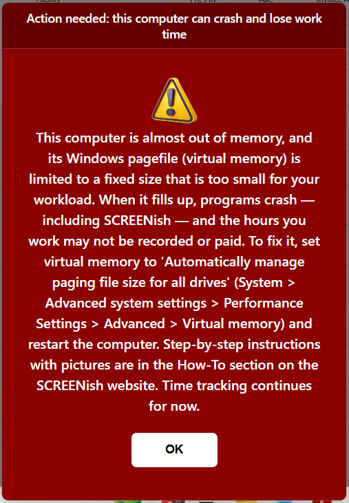 Out of RAM memory warning popup - SCREENish.